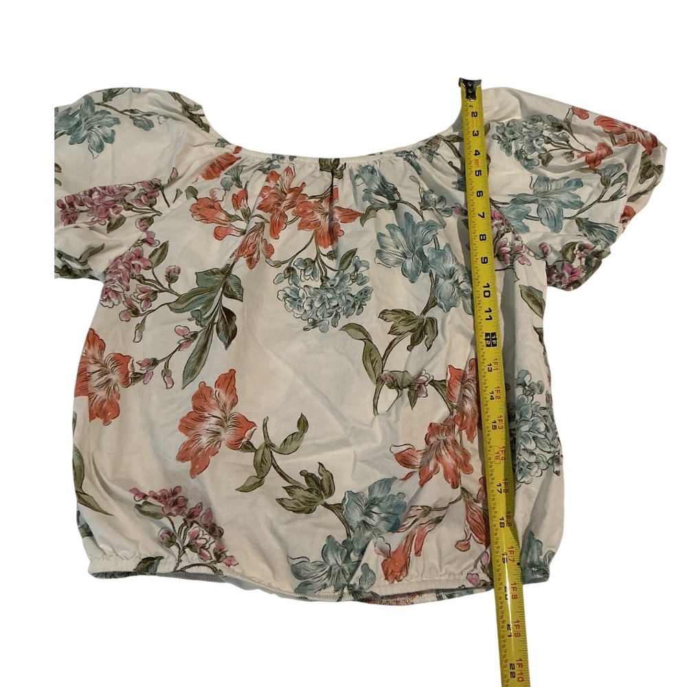 Floral Blouse Women Large Cream Pink Blue Puff Sleeve Crop Top - Picture 3 of 8